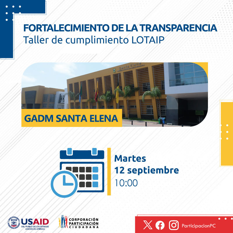 🔹#TallerLOTAIP👇

👉Este martes estaremos en el GAD Municipal de #SantaElena hablando sobre la transparencia en la gestión pública, la importancia de responder a pedidos de información de la ciudadanía y la aplicación de la #LOTAIP

✅¡Impulsamos la Transparencia!