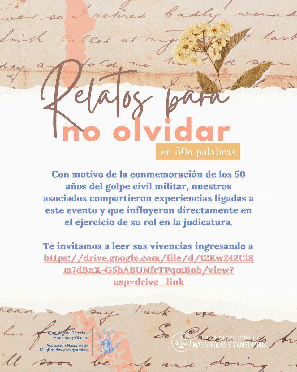 ANMMcl's tweet photo. Con motivo de la conmemoración de los 50 años del golpe civil militar, socios y socias compartieron experiencias ligadas a este evento y que influyeron directamente en el ejercicio de su rol en la judicatura.

Te invitamos a leer sus vivencias ingresando
a https://t.co/QRgA8ihZ0j https://t.co/uFWrcPEZAO