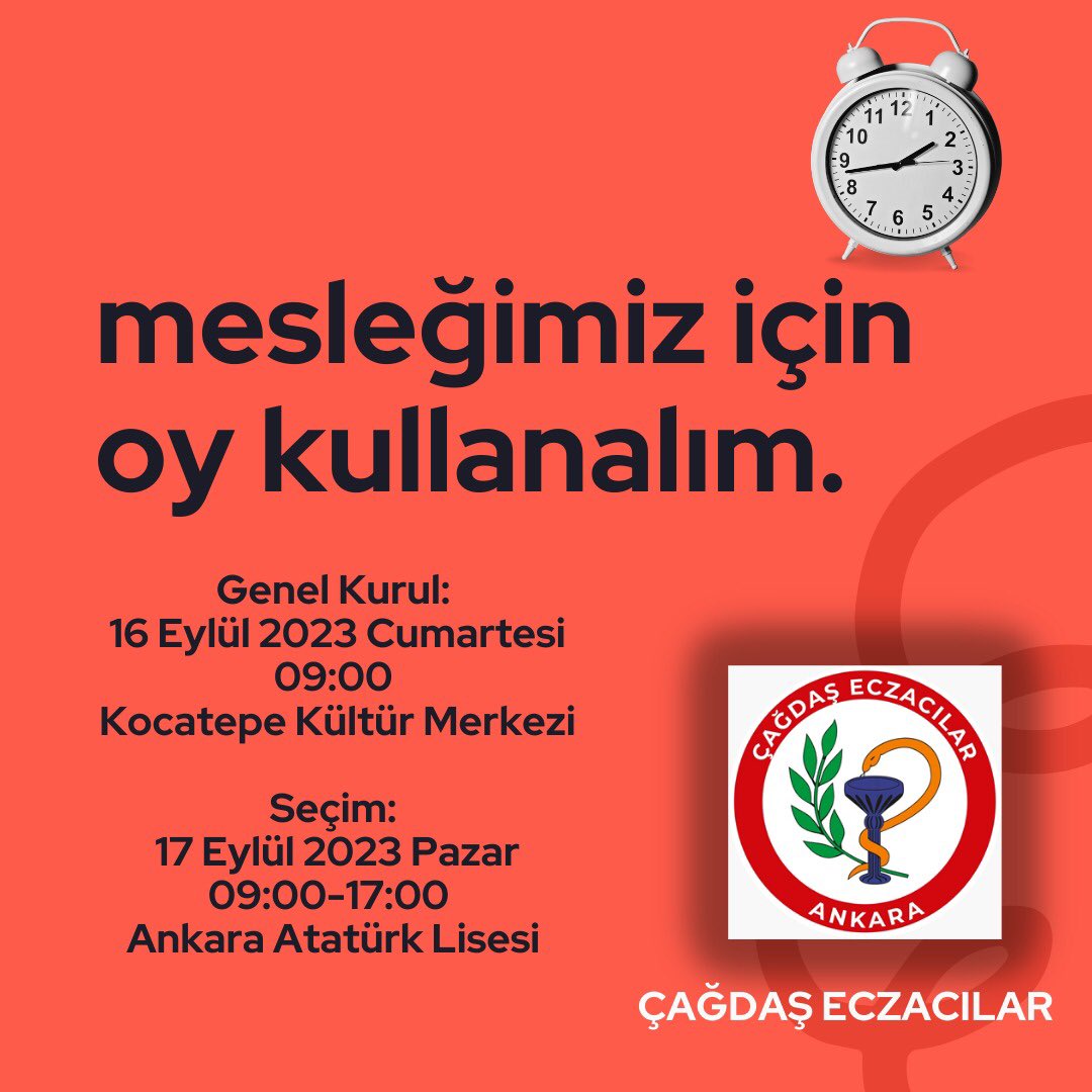 Değerli Meslektaşlarım,
Çağdaş Eczacılar olarak ben demek için değil biz demek için,
Meslektaşlarımız birlik olsun diye geliyoruz…
16 Eylül Cumartesi Genel Kurula, 17 Eylül 2023 Pazar AEO seçimine sizleri oy kullanmaya ve “Çağdaş Eczacılar” listesini desteklemeye davet ediyoruz.