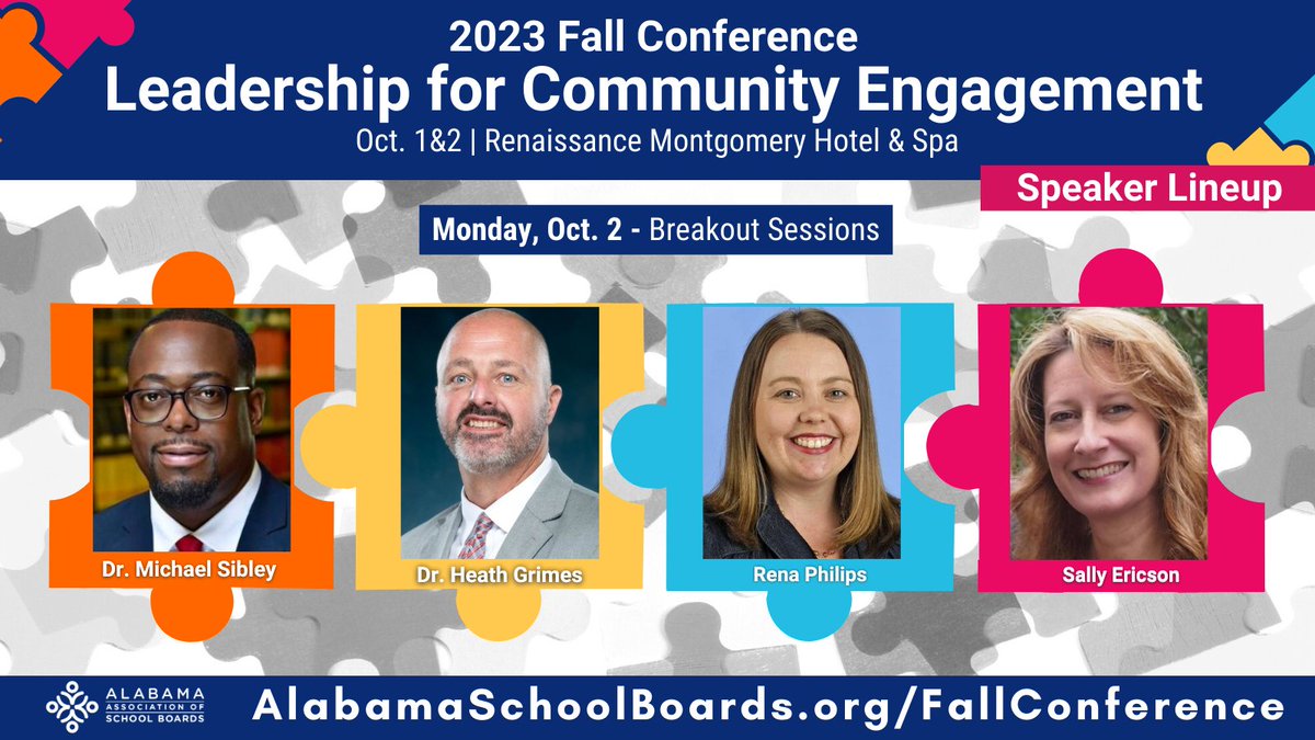 AlaSchoolBoards's tweet photo. (1/2) We're counting down to our 2023 Fall Conference: Leadership for Community Engagement! 📅
Check out the breakout session lineup for Monday, Oct. 2! #AASBFallConference🧩 https://t.co/HTBWHgfULt