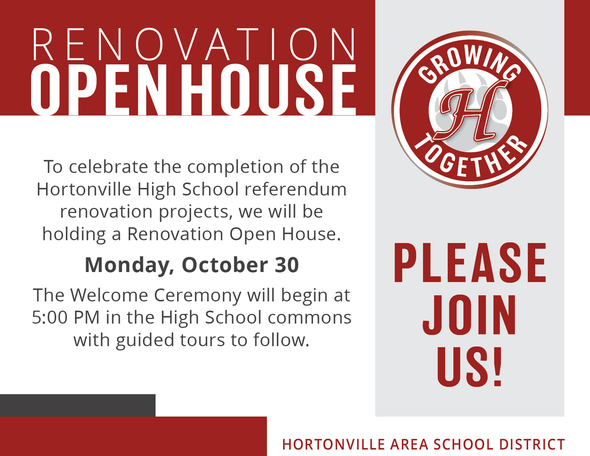 HortonvilleSD's tweet photo. Please join us at our Renovation Open House On Monday, Oct. 30th 5PM https://t.co/ciwzwPauTK