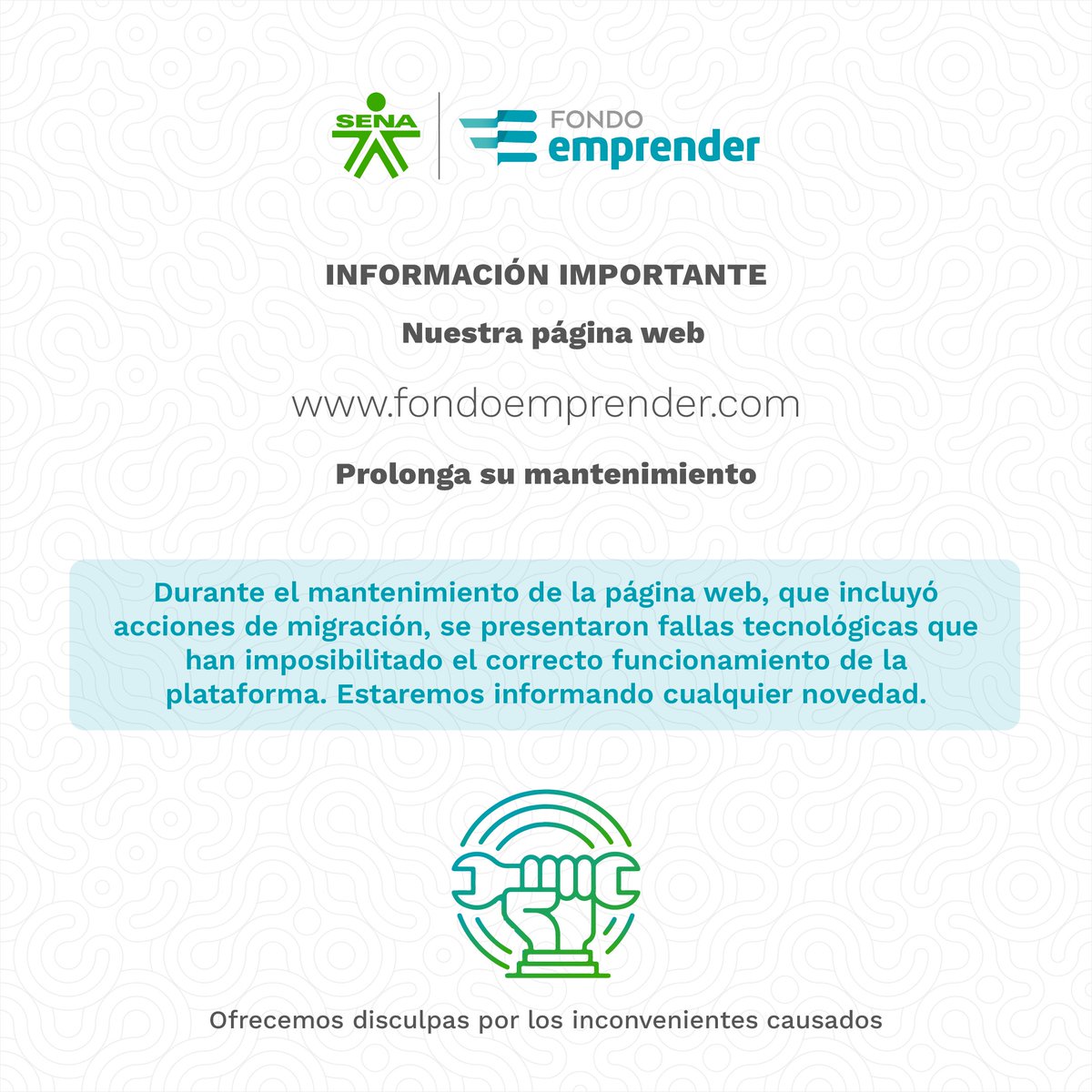 SENAComunica's tweet photo. #InformaciónDeInterés
Apreciados emprendedores:
Reiteramos nuestras excusas por las fallas técnicas que presenta la plataforma del Fondo Emprender. 
En este sentido, se han ampliado los tiempos de los cronogramas de las convocatorias que se encuentran en curso para que se logre el cumplimiento de las actividades establecidas. Próximamente ofreceremos soluciones a todos los emprendedores afectados. 
El Fondo Emprender ha estado, está y siempre estará de la mano del emprendedor colombiano.
Estamos prestos a atender sus inquietudes, necesidades y servicios.