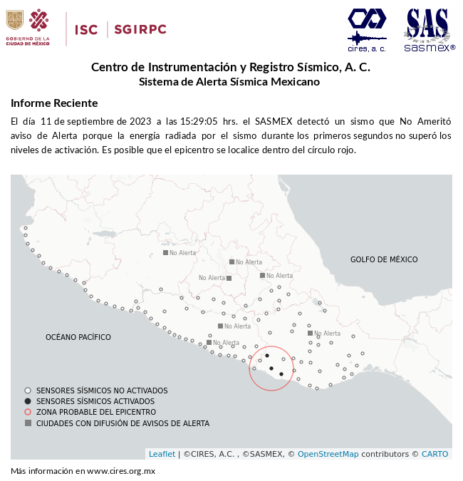 SASMEX's tweet photo. Informe preliminar del #Sismo detectado el 11-sep-23 a las 15:29:05 hrs. Más información en https://t.co/IxGbpyaz5X #TenemosSismo #LaPrevenciónEsNuestraFuerza https://t.co/zbQlQyNKSF