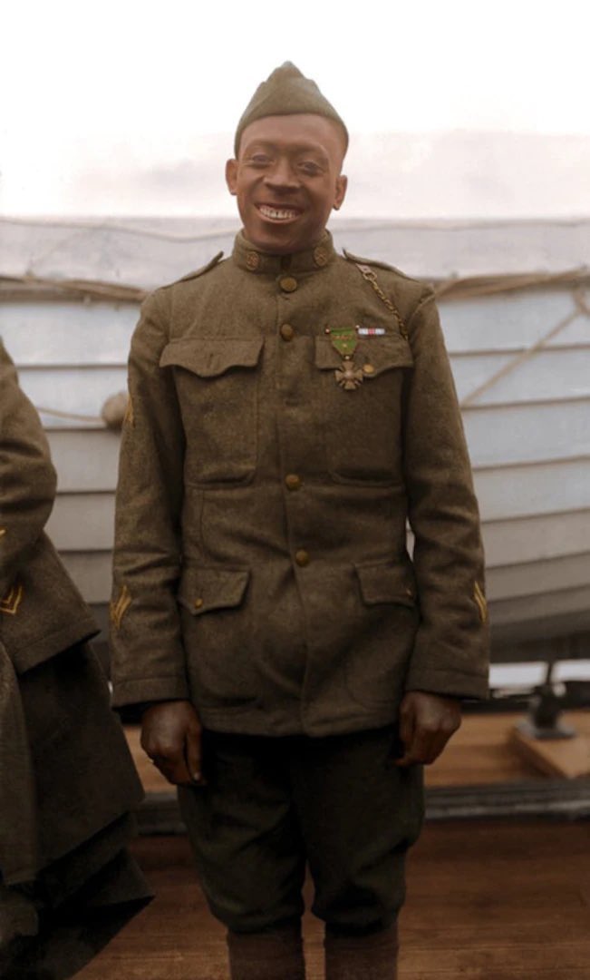 Sergeant William Henry “Black Death” Johnson of the 369th Infantry Regiment (Harlem Hellfighters). In North France, Johnson, despite being stabbed, shot, & hit with grenade shrapnels, single-handedly fought off a German raiding party receiving 21 wounds in order to save fellow…