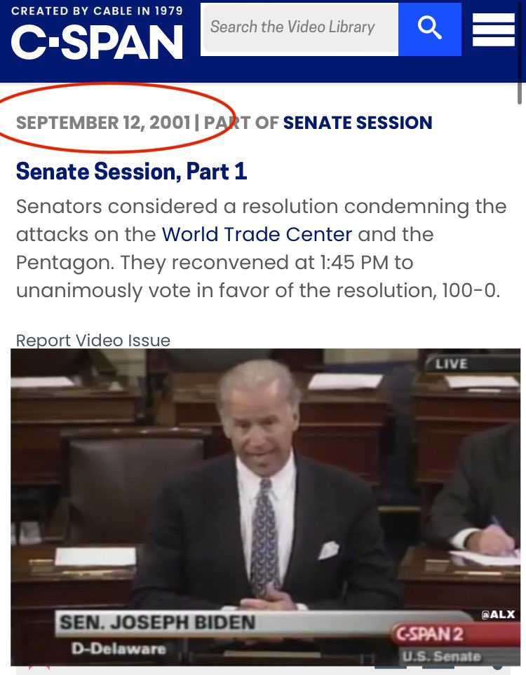 alx's tweet image. Joe Biden reminds us to “Never Forget” 9/11 and then moments later, claimed he was at Ground Zero the next day.

Joe must have forgotten that he was in DC, on the Senate floor on September 12th 2001