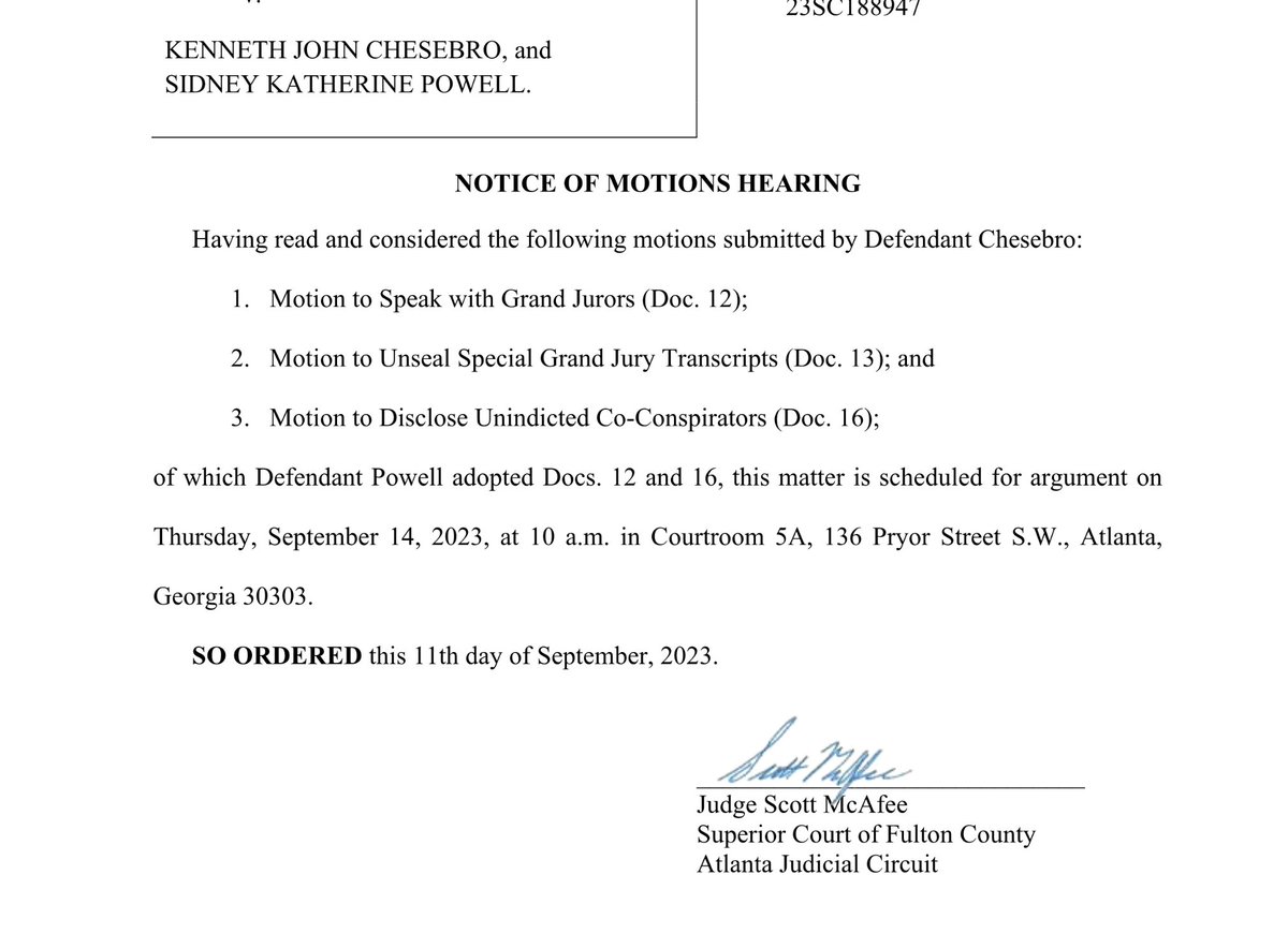 AnnaBower's tweet photo. Coming attractions: Judge McAfee, the presiding judge in the Fulton County case, sets hearing on several motions filed by Ken Chesebro and Sidney Powell. Hearing set for Thursday, Sept. 14 at 10 a.m. https://t.co/CUQZgKU5GW