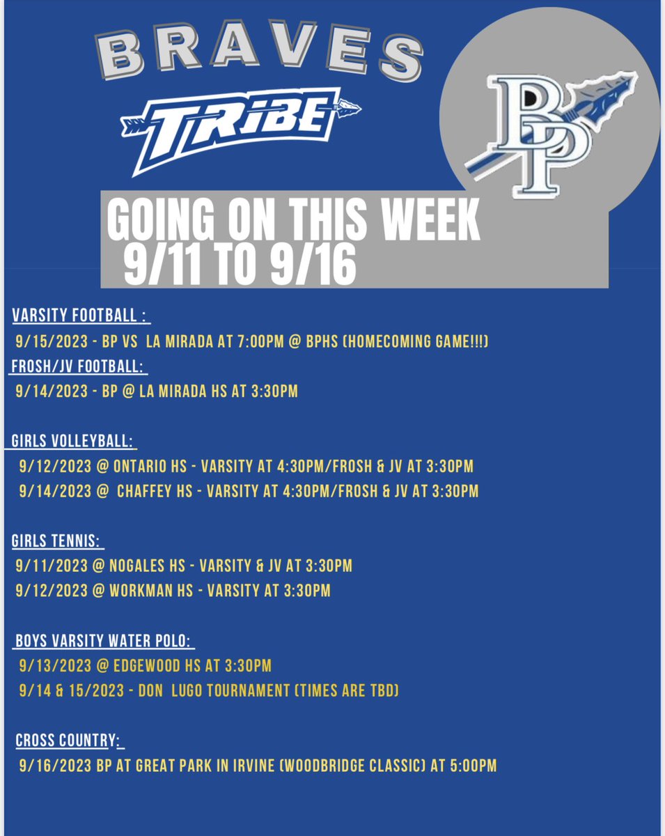 Our Braves are back in action this week. This is also Homecoming week along with the Football game this Friday night at 7pm @ BPHS. We will announce the King &amp; Queen at halftime. Let’s go Braves! 🏈🎾🏐🤽‍♂️🏃‍♂️🏃‍♀️ <a href="/BPBravesFB/">Baldwin Park Football</a> <a href="/bphsbravescheer/">BPHS Cheer</a> <a href="/BPHSBraves1/">BPHS Braves</a> <a href="/BPFootball_Club/">Baldwin Park High School Football Booster Club</a>