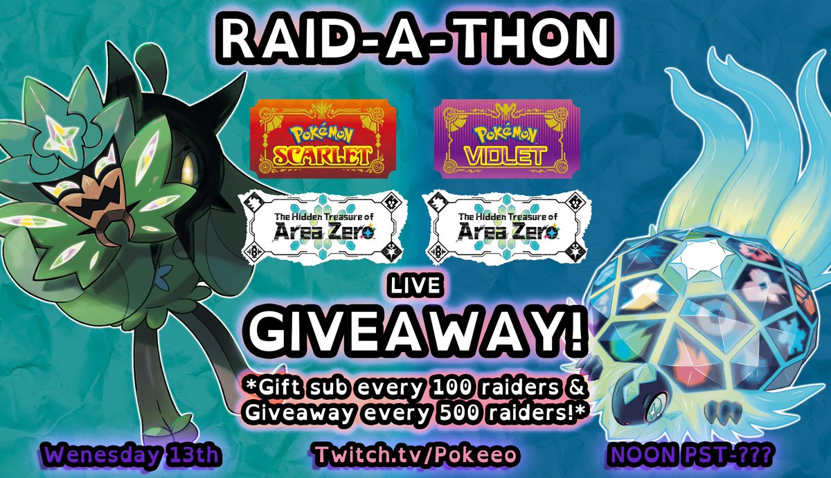 Pokeeo_OG's tweet photo. This WEDNESDAY will be my first ever RAID-A-THON to celebrate the release of the pokemon DLC!

🔷Every 100 people that raid in we will be gifting a sub
🔷Every 500 people that raid in we will giveaway a copy of the DLC!!!

Tell your friends and fellow content creators! 🔗⬇️ https://t.co/M60Vuyvsm7