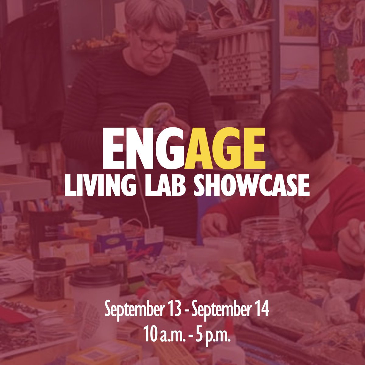 Learn more about the engAGE Living Lab during this two day pop-up and presentation showcase!

Hear from researchers and graduate students as well as Art Hive, Sandworlds, Media Spa, Movement Hive, Creative Science Shop, and Digital Skillshares!

See below for the full schedule: