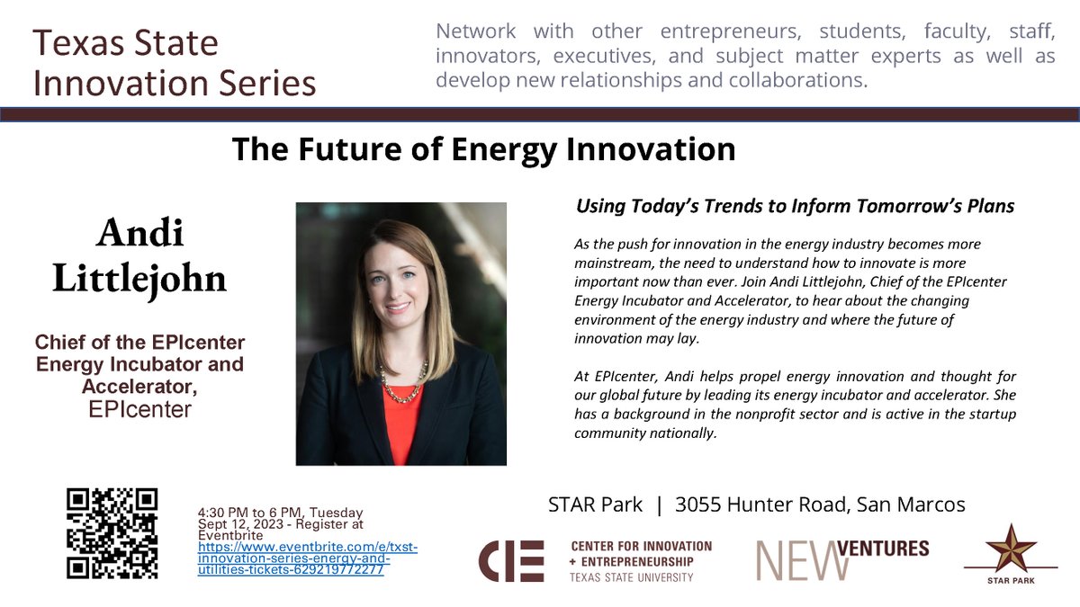 TXST Center for Innovation and Entrepreneurship (@txstcie) on Twitter photo Join us tomorrow for the TXST Innovation Series <a href="/txstinnovation/">TXST Innovation Series</a> to discuss The Future of Energy Innovation with Andi Littlejohn @EPIcenterUS 4:30PM STAR Park! Open to all faculty, students and community! <a href="/txstSTARPark/">TXST STAR Park</a> eventbrite.com/e/txst-innovat⦠@Eventbrite Join us tomorrow for the TXST Innovation Series <a href="/txstinnovation/">TXST Innovation Series</a> to discuss The Future of Energy Innovation with Andi Littlejohn @EPIcenterUS 4:30PM STAR Park! Open to all faculty, students and community! <a href="/txstSTARPark/">TXST STAR Park</a> eventbrite.com/e/txst-innovat⦠@Eventbrite