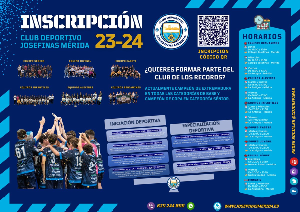 🤾‍♂️ Inscripción jugador@s Temporada 2023-24
<a href="/CDJosefinas/">🛡️ CD Josefinas Mérida 🤾‍♂️</a>
📝 Link formulario: forms.gle/ZpHhj3tUFAFvoQ…
👥 Para chicas y chicos a partir de 5 años
📞 639 244 088
🤍 #FUERZAYHONOR 💙