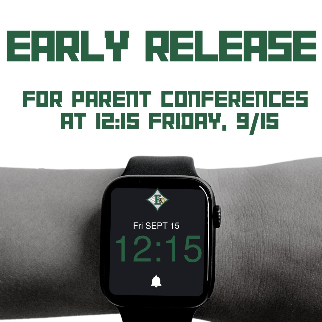 -Friday, September 15th, will be an early release day for parent conferences.  Students will be dismissed at 12:15.  Please contact your child’s teacher if you would like to schedule a meeting.  
-Parents and students can access the parent portal ehs.newtoncountyschools.org/parent_portal_…