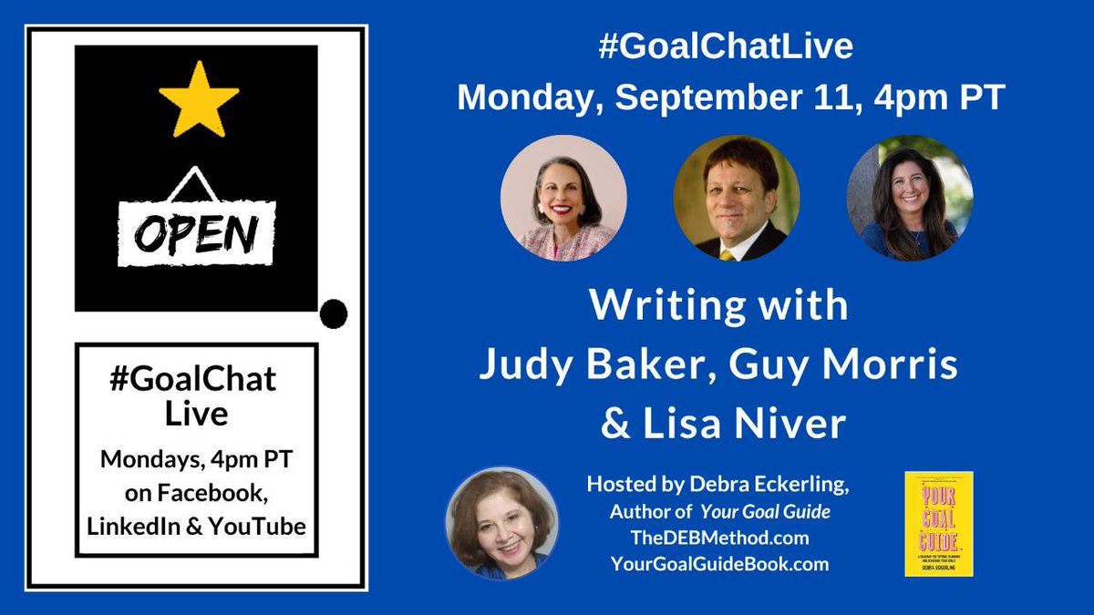 LisaNiver's tweet photo. Join us TODAY 4pmPT on
#GoalChatLive with @DebraEckerling
TOPIC:
#Writing and #authors:
- Judy Baker, #Book #Marketing #Mentor
- @guymorrisbooks , #GuyMorris #Books
- @LisaNiver , #Braveish #memoir
https://t.co/11v5Fo1iLB https://t.co/7dpJJ9zNBi