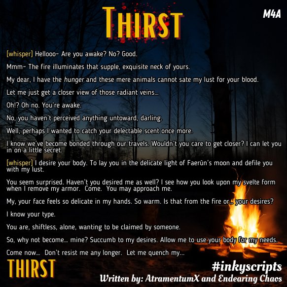 AtramentumX's tweet image. Hey #lewdtubers. Here&apos;s a spicy script for your inner blood sucker.

You&apos;ve found your fetching target during a long rest, but they awaken before you can satisfy your thirst. Maybe you can put them at ease?

#3 in the script collab with @Endearing_Chaos

#inkyscripts #ASMRscript