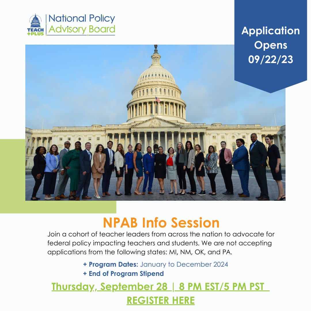 The Teach Plus National Policy Advisory Board is a nonpartisan group of current classroom teachers which informs policy decisions at the federal level to advance equity-driven change. In 2023, fellows met with over 60 U.S. Senators or U.S. Representatives…(scroll down)