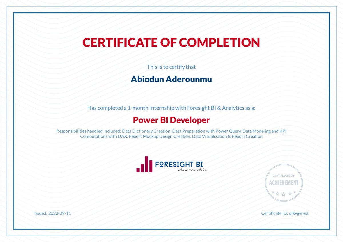 Aderounmu Abiodun (@abrax_emmaz) on Twitter photo Completed the the <a href="/ForesightBI/">Foresight BI & Analytics</a> power BI internship. Major lesson learnt are Time intelligence DAX functions, Data modeling and use of Dax studio.
I will share the final outcome on this space
#PowerBI #internship Completed the the <a href="/ForesightBI/">Foresight BI & Analytics</a> power BI internship. Major lesson learnt are Time intelligence DAX functions, Data modeling and use of Dax studio.
I will share the final outcome on this space
#PowerBI #internship