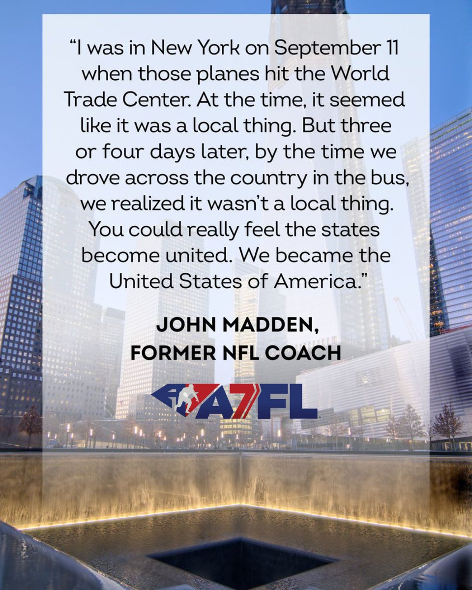 a7flnv's tweet photo. Today, we remember the tragic events of 9/11 and how it brought us together as a nation. The unity that emerged from the adversity is a testament to the indomitable spirit of America.  🇺🇸🏈 https://t.co/hUf1STqgrj