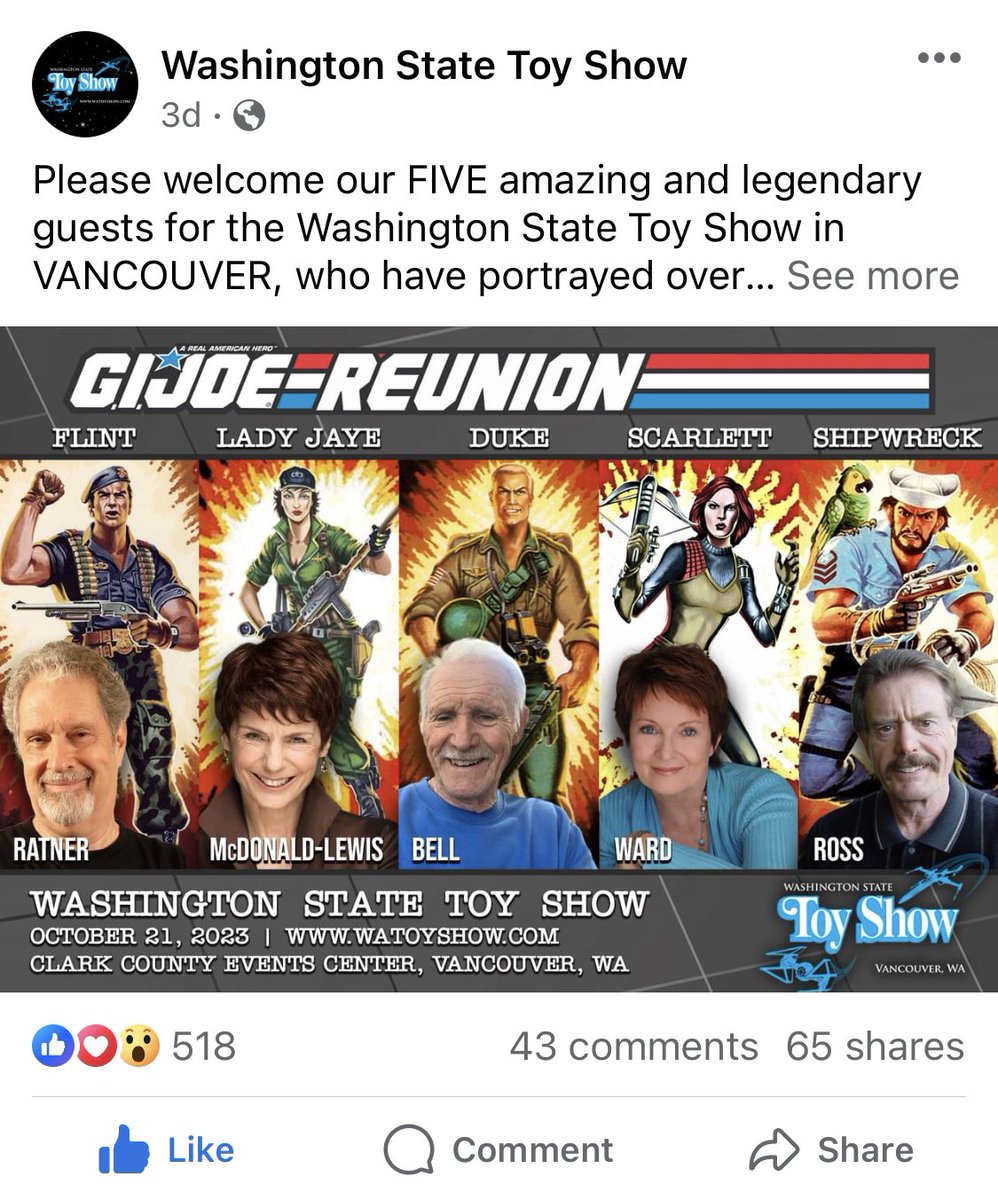 CletusOfCobra's tweet photo. Anybody else going to the #washingtonstatetoyshow ??? It’ll feature #bjward #marymacdonaldlewis #billratner #michaelbell and #neilross of #GIJoe !!! #YoJoe https://t.co/oYJBMLwUD2