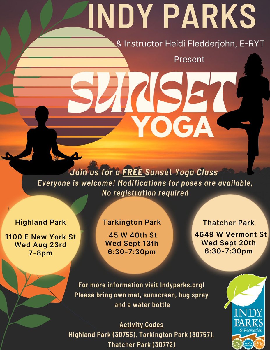 Join Instructor Heidi Fledderjohn for Sunset Yoga this Wednesday (September 13) at Tarkington Park and next Wednesday (September 20)! No registration required. #free #familyfriendly Please bring your own mat, sunscreen, bug spray, and a water bottle. bit.ly/3LgOKN2