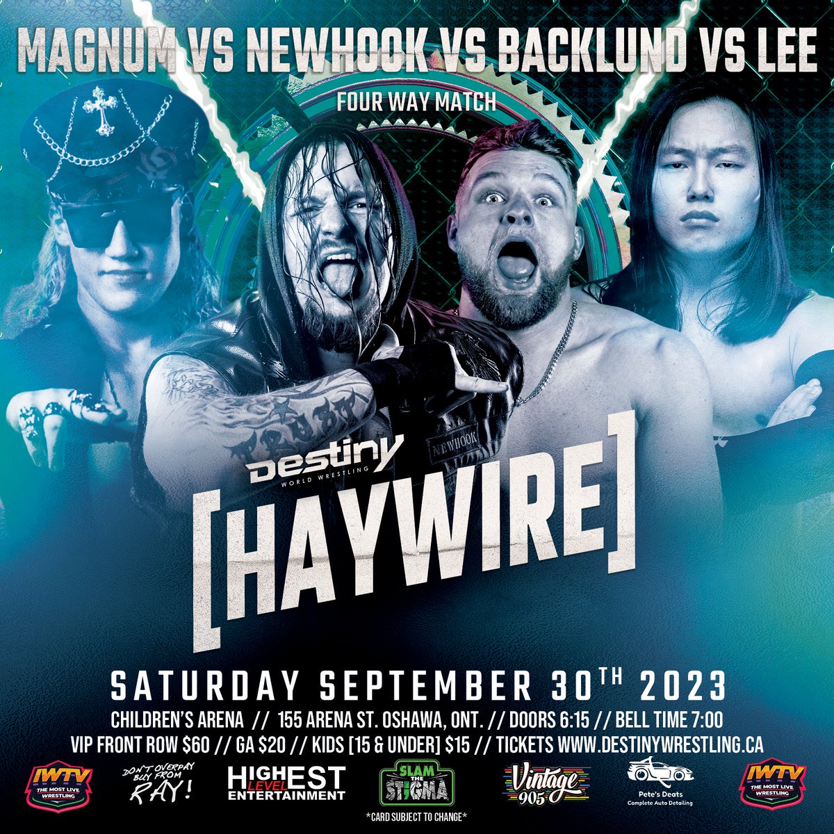 DestinyWrestle's tweet photo. #ITSOFFICIAL - @MAGNUM_MCLAREN #JustinNewhook @Hayden_Backlund & @MyungJae98 will be competing in a #FourWayMatch Sep 30th at #Haywire in the Children’s Arena!

Front Row VIP - SOLD OUT
Limited Second Row VIP Remain
VIP Ticket Holders receive early entry for the event as well as an Exclusive Meet & Greet with Former WWE Superstars & Current Impact Stars @milanmiracle & @DirtyDangoCurty !

GA Tickets available at Vintage 905 as well as online via https://t.co/HBvOvUW3eB