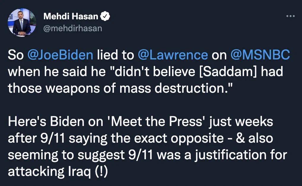 As we reflect on 9/11, it's important to remember how Biden helped Bush weaponize this tragedy to lie our nation into the brutal and illegal Iraq War that unnecessarily killed so many.