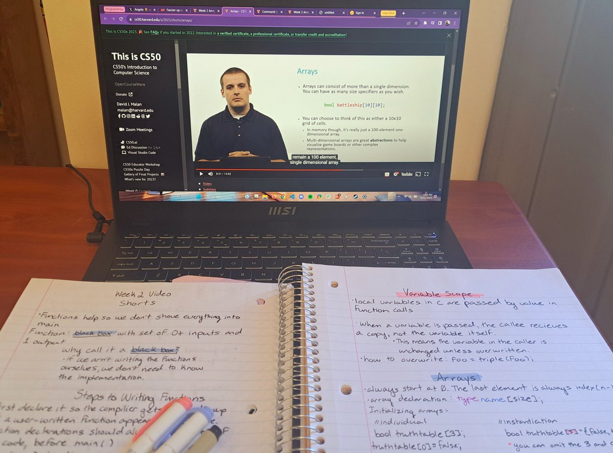 Psych2Code's tweet image. Day 28 #100DaysOfCode 

Another day of #CS50x studying at the library 📚 

Concepts Reviewed:
✅️ Arrays &amp;amp; Multidimensional Arrays
✅️ Command Line Arguments 
✅️ Variable Scope &amp;amp; Passing Arguments
✅️ Behaviors of Functions in C
