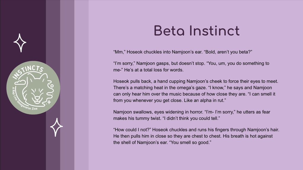 Here is my story from <a href="/InstinctsZine/">Instincts Zine 🐾 - ZINE CLOSED!</a> - Beta Instinct. 

A NamSeok 🔞 omegaverse fic where omega HS brings out something stronger than expected in beta NJ. 

🔗 archiveofourown.org/works/50026279