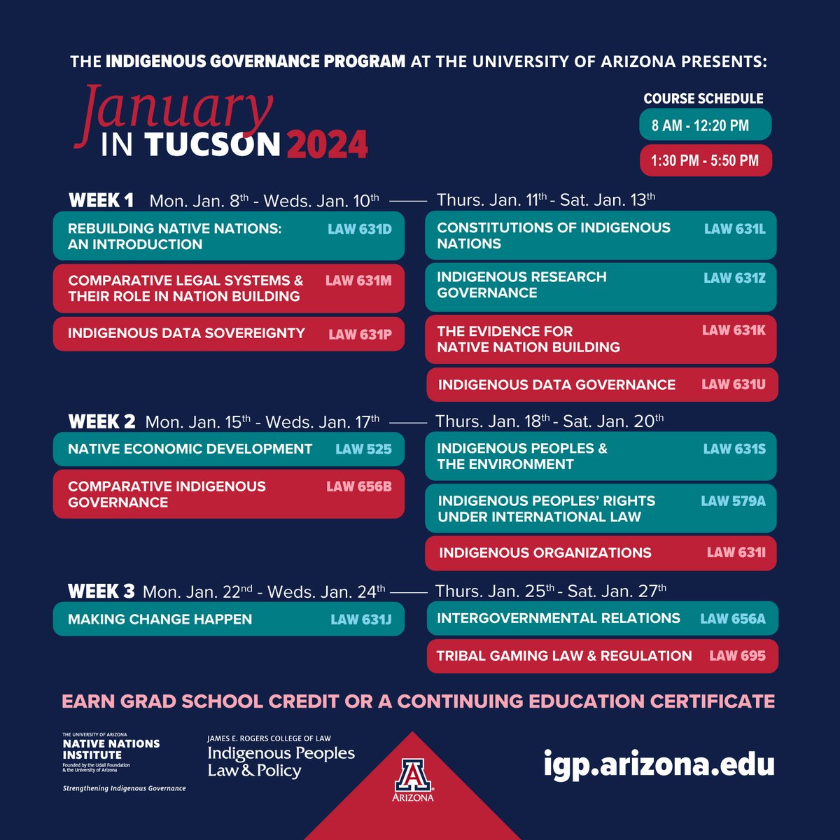 🌵Registration is now open for #JanuaryInTucson 2024!🌵 'Our faculty literally wrote the book on Indigenous governance.' -IGP Manager Torivio Fodder 3 weeks of learning with world-class faculty and Indigenous governance scholars. Learn more: nni.arizona.edu/news/2024-janu…