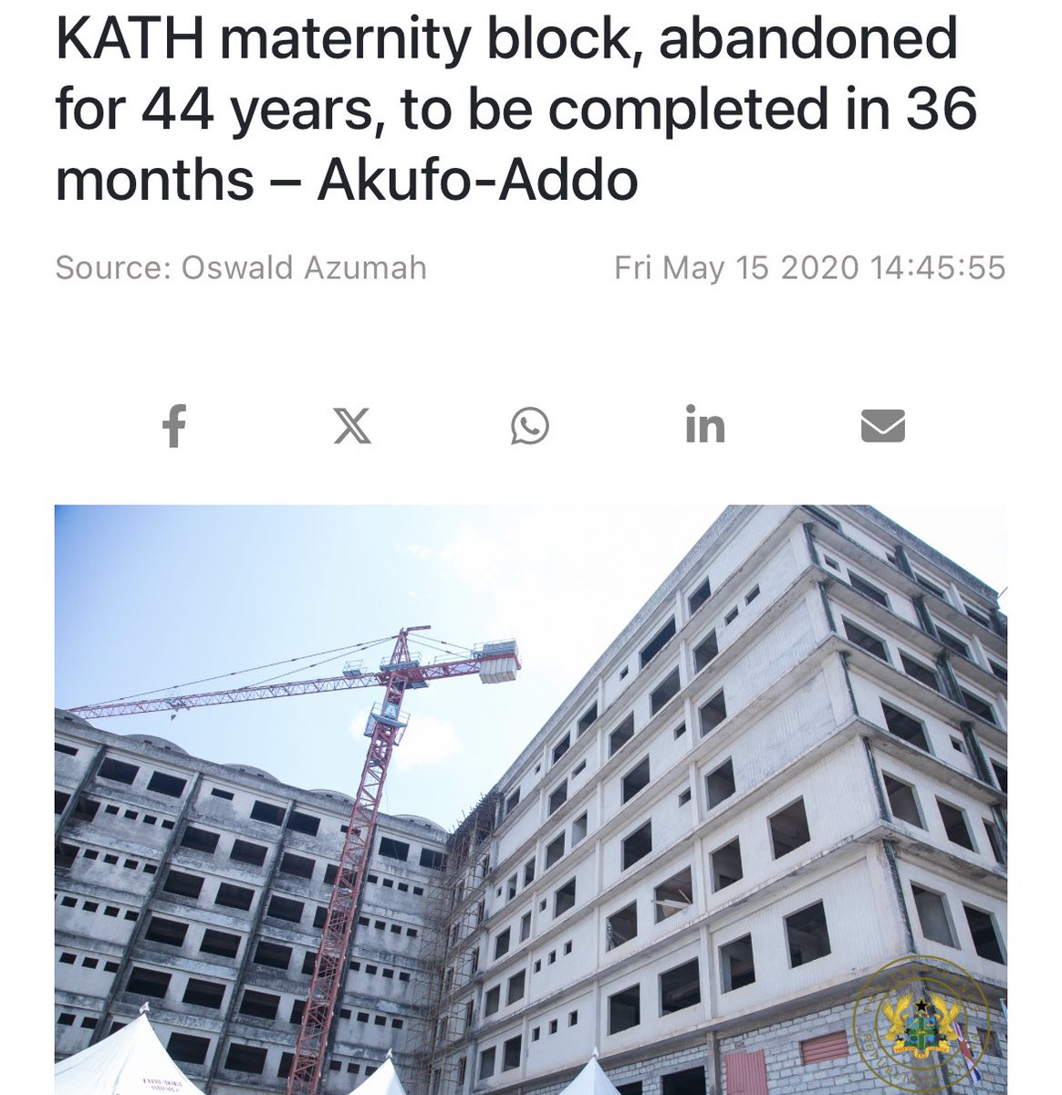 This project was to help deal with the serious congestion on the existing facility at the Komfo Anokye Hospital but was abandoned for 47years until recently. The almost 1000 bed maternity and child health block started in 1974. 

The project was initiated and started by the Kutu…