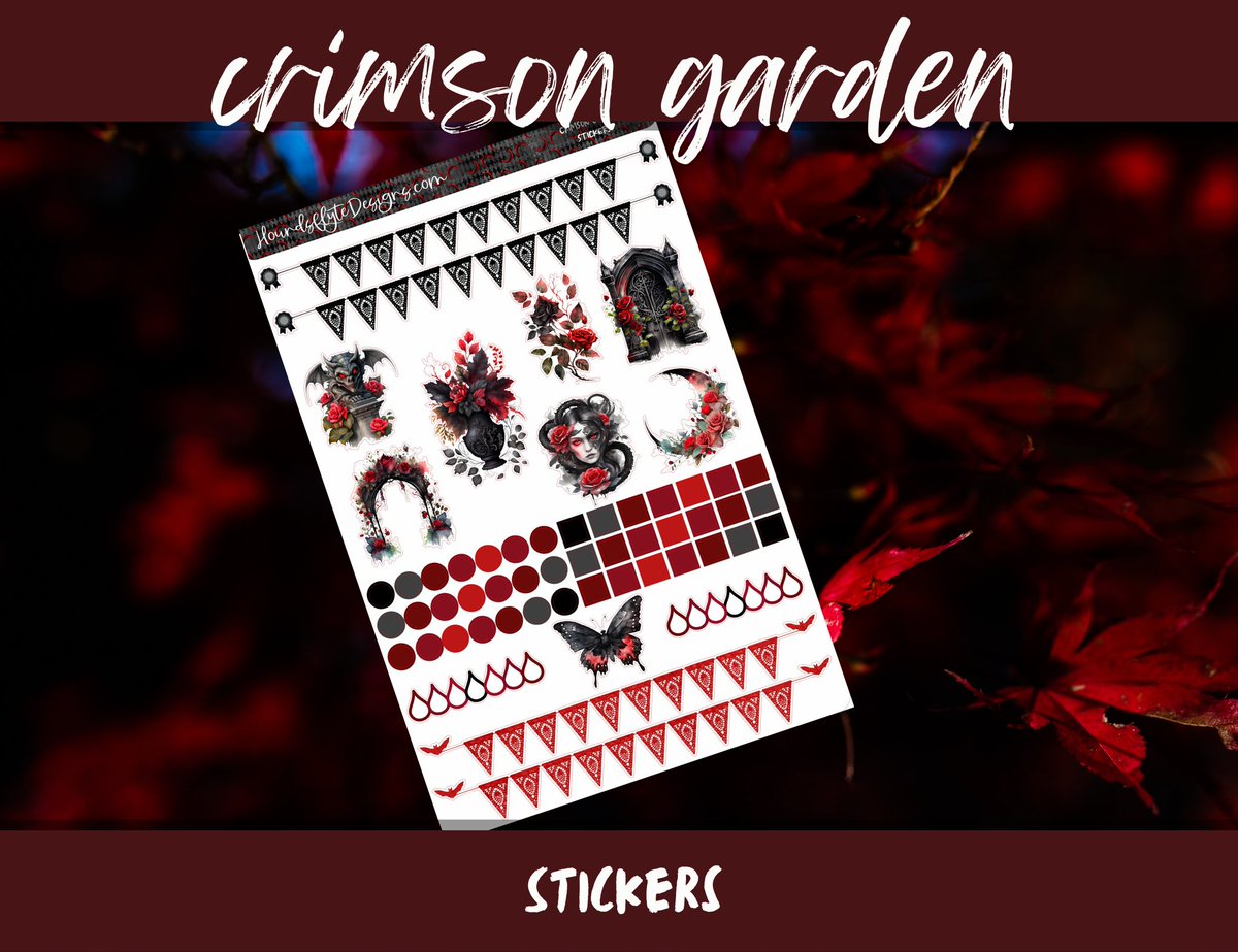 New sets in the shop! Use my unique shop link & get 15% off your order while I save 4% in Etsy fees!!! houndsflytedesigns.etsy.com Crimson Garden in the perfect shades of red & black! All formats available now! #plannerstickers #hobocousin #hobonichi #plumplanner #goth #erincondren