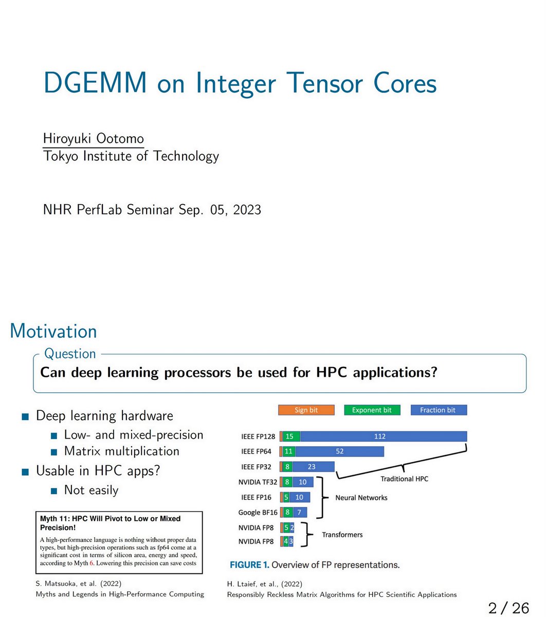 ogawa_tter's tweet image. =&amp;gt;
 "DGEMM on Integer Tensor Cores", @tensorcore, NHR PerfLab Seminar, Sep 5, 2023 youtube.com/watch?v=ouK0gw…
hpc.fau.de/files/2023/09/…
Can DL processors be used for HPC applications?
Can we emulate DGEMM in the same manner?
We can!
Ozaki scheme
arXiv, Jun 22 arxiv.org/abs/2306.11975