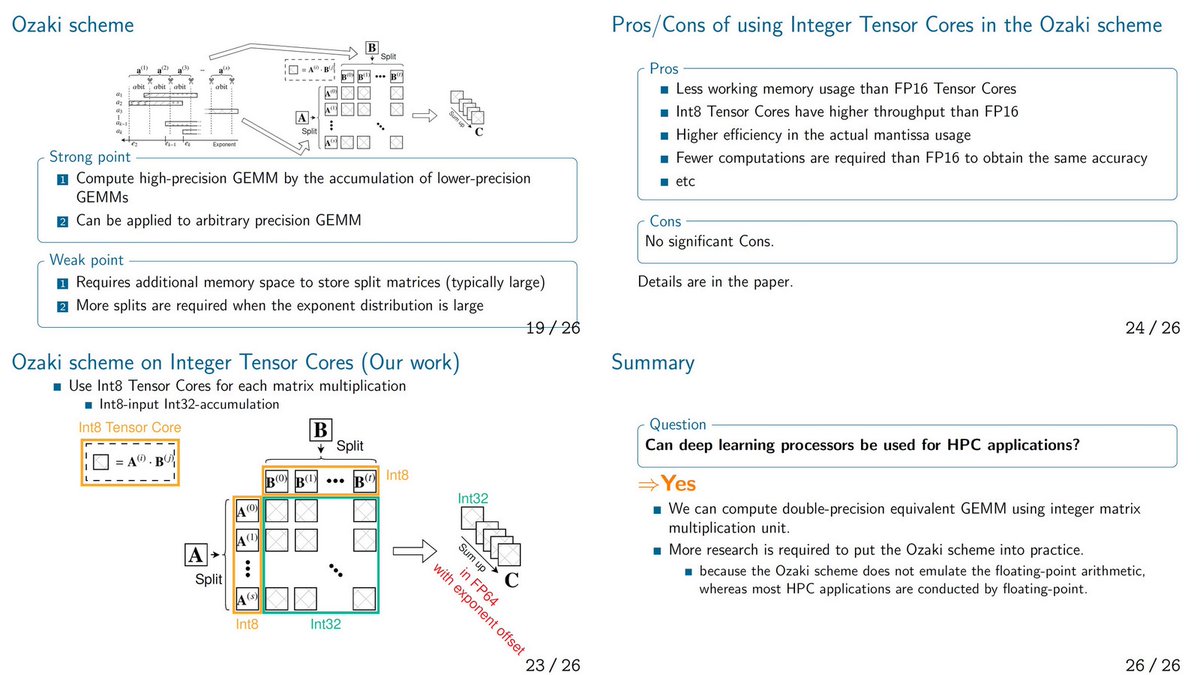 ogawa_tter's tweet image. =&amp;gt;
 "DGEMM on Integer Tensor Cores", @tensorcore, NHR PerfLab Seminar, Sep 5, 2023 youtube.com/watch?v=ouK0gw…
hpc.fau.de/files/2023/09/…
Can DL processors be used for HPC applications?
Can we emulate DGEMM in the same manner?
We can!
Ozaki scheme
arXiv, Jun 22 arxiv.org/abs/2306.11975