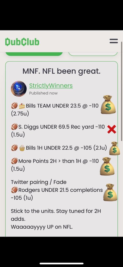 SayLessCashMore's tweet photo. NFL HOT HAND CONTINUES 🏈🔥
Every card going green lately✅💰

✅🏈🍰Bills TEAM UN 23.5 (2.75u)

✅🏈🧁Bills 1H UN 22.5 (+2u)

✅🏈Rodgers UN 21.5 Comps. (1u)

✅🏈2H = Higher Scoring (1.5u)

✅🏈2H OVER 20 (+1u)

That’s awesome.

Repost. +. Like. +. COMMENT.

WHO. TAILED. ?!😭💰 https://t.co/dNFRd4kJBN