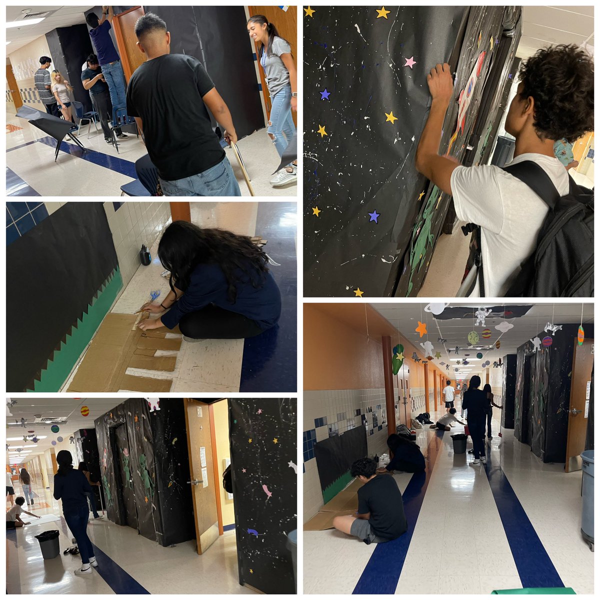 MsPortillo23's tweet photo. Great 1st day of our homecoming week✨we had a lot of help from our students helping decorate our hallway!! 🧡💙 it came out so CUUTEEE 🌎 🩷🐮👽👩‍🚀 we really appreciate you guys! #tackytourist #spacecowboy https://t.co/36M3ACSTgi