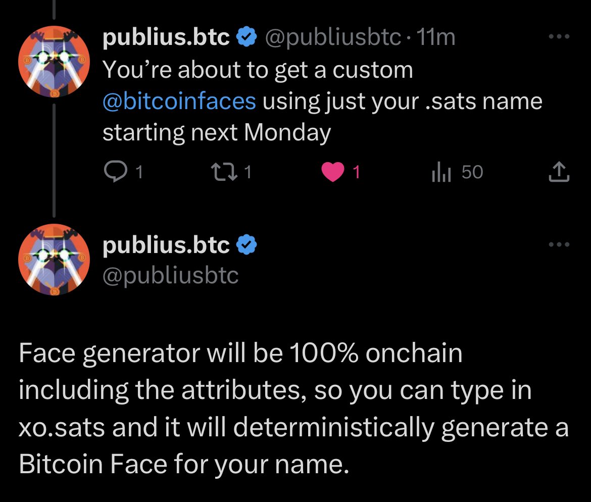 stackdotsats's tweet photo. Wow! Soon .sats names owners will be able to claim custom on-chain PFPs from @BitcoinFaces 🤯
I guess the old adage is true: When it rains it pours! ☔️ (In a good way!) 🎉
#SatsNames #CustomPFP #Bitcoin #Ordinals @publiusbtc https://t.co/Cf4D7ClHWg