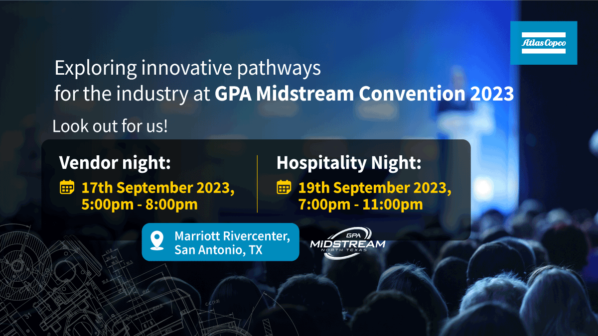 AtlasCopcoGroup's tweet photo. Mark your calendars! Atlas Copco Gas and Process is gearing up for GPA Midstream Convention 2023.​

Look for us at our booth: ​

Vendor night: 17th September, 5:00pm – 8:00pm​
Hospitality Night: 19th September, 7:00pm – 11:00pm​

#AtlasCopcoGroup #GasAndProcess #GPAMidstream https://t.co/TOMgzFAIhZ