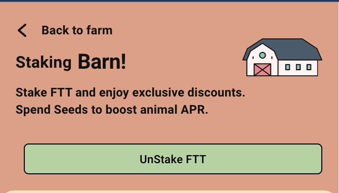 Howdy farmers! 

TT Farm staking barn will under go a maintenance starting very soon! Please unstake your FTT from the staking barn ASAP by September 14, 2023 from ttfarm.xyz/barn