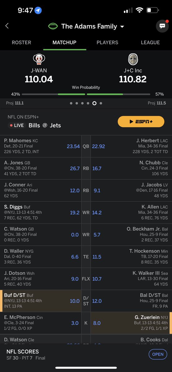 tdno11's tweet photo. @br_betting @OldTownCards Challenge accepted. If the Jets didn't return that punt for a TD Greg Zuerlein would have won this fantasy matchup and the Jets still would have won the game!! https://t.co/JwbwlZPJOH