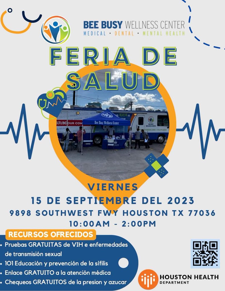 BEE BUSY WELLNESS CENTER FREE HEALTH FAIR SERVICES IN PARTNERSHIP WITH THE HOUSTON HEALTH DEPARTMENT

Stop by for:

Free HIV Testing
Free Blood Pressure &amp; Glucose Readings
&amp; More!

This Friday 
9898 Southwest Freeway 77036
10am to 2pm

#beebusywellness #houston #health #free