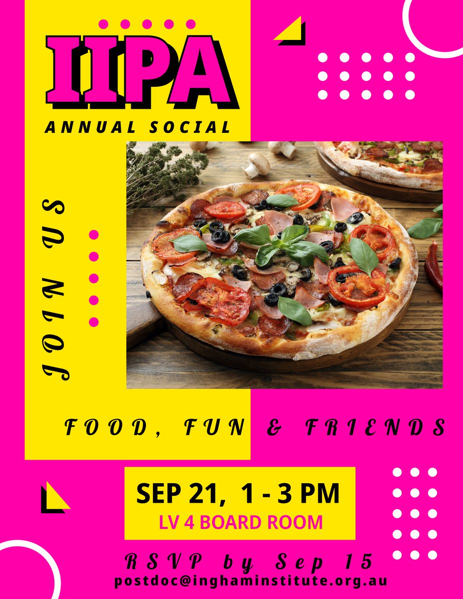 Ingham Institute Postdoc Association (@inghampostdoc) on Twitter photo Join us for a pizza party. It's IIPA's social and you are invited...
Please RSVP by Friday, 15th Sep via email
at postdoc@inghaminstitute.org.au
<a href="/UNSW/">UNSW</a> <a href="/UNSWMedicine/">UNSW Medicine & Health</a> <a href="/swsydUNSW/">UNSW South West Sydney Clinical Campuses</a> <a href="/InghamInstitute/">Ingham Institute for Applied Medical Research</a> Join us for a pizza party. It's IIPA's social and you are invited...
Please RSVP by Friday, 15th Sep via email
at postdoc@inghaminstitute.org.au
<a href="/UNSW/">UNSW</a> <a href="/UNSWMedicine/">UNSW Medicine & Health</a> <a href="/swsydUNSW/">UNSW South West Sydney Clinical Campuses</a> <a href="/InghamInstitute/">Ingham Institute for Applied Medical Research</a>