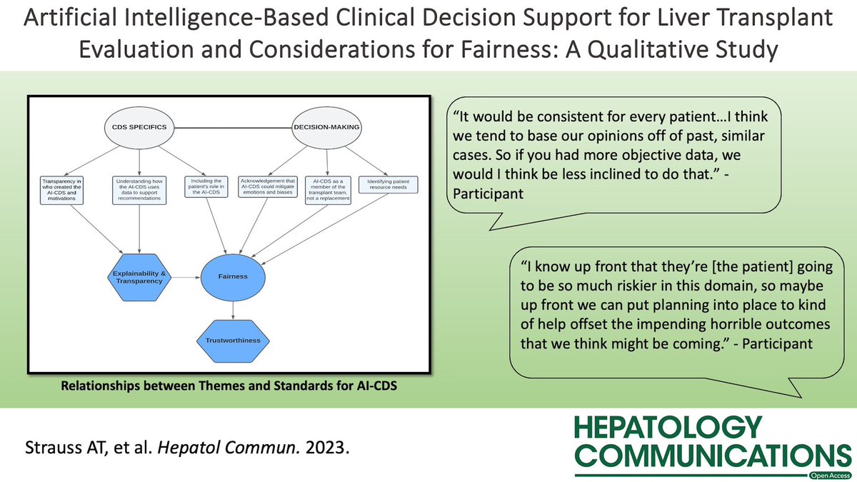 🤖 Artificial Intelligence-based #CDS for LT eval⁉️

Themes from LT members:
⭐️ Cautious optimism
⭐️#AI as a new team member, 🚫 replacement
⭐️May ⬇️ emotions/biases & ⬆️ #equity if explainable & transparent design
#ClinicalDecisionSupport @alystraussMD

journals.lww.com/hepcomm/fullte…