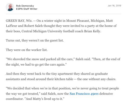 All you GA’s and student managers out there, never forget that one of the men coaching on Monday Night Football tonight was once treated poorly by his boss too. Be like Coach Saleh and treat everyone with respect not how his boss once did.