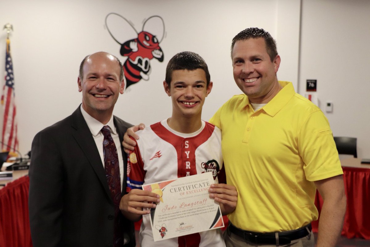 BCSDBEES's tweet photo. Board of Education Spotlight: Jude Langstaff, a Durgee Junior High School student, is being honored for taking part in the 2023 Challenger Exhibition Game at the Little League World Series last month. Jude represented the Bees on the world stage and made us all proud! https://t.co/D4A57zbxls