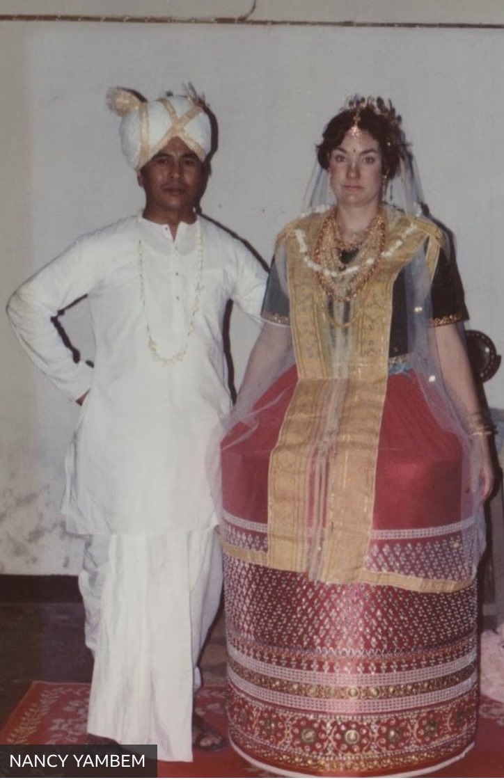 Late Tamo Jupiter Yambem from Manipur & his American wife Nancy on their wedding day wearing Manipuri #Meitei wedding attire.Tamo perished in #WorldTradeCentre attacks on 11th Sept 2001 #NYC.Tamo Jupiter had dreams of providing employment to 500 Manipuri youths.A true visionary!