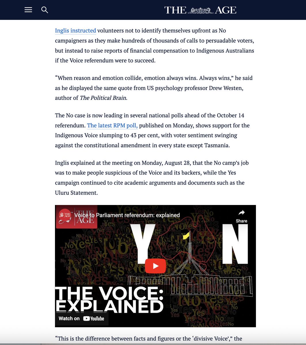 RonniSalt's tweet photo. "The campaign to sink the Voice has instructed volunteers to use fear &amp; doubt rather than facts to trump arguments used by the Yes camp"

They've also instructed Dutton to emit at least 1 controversial statement every day, regardless of its repetitiveness
https://t.co/skLycDNdTQ https://t.co/pcavRHMryr