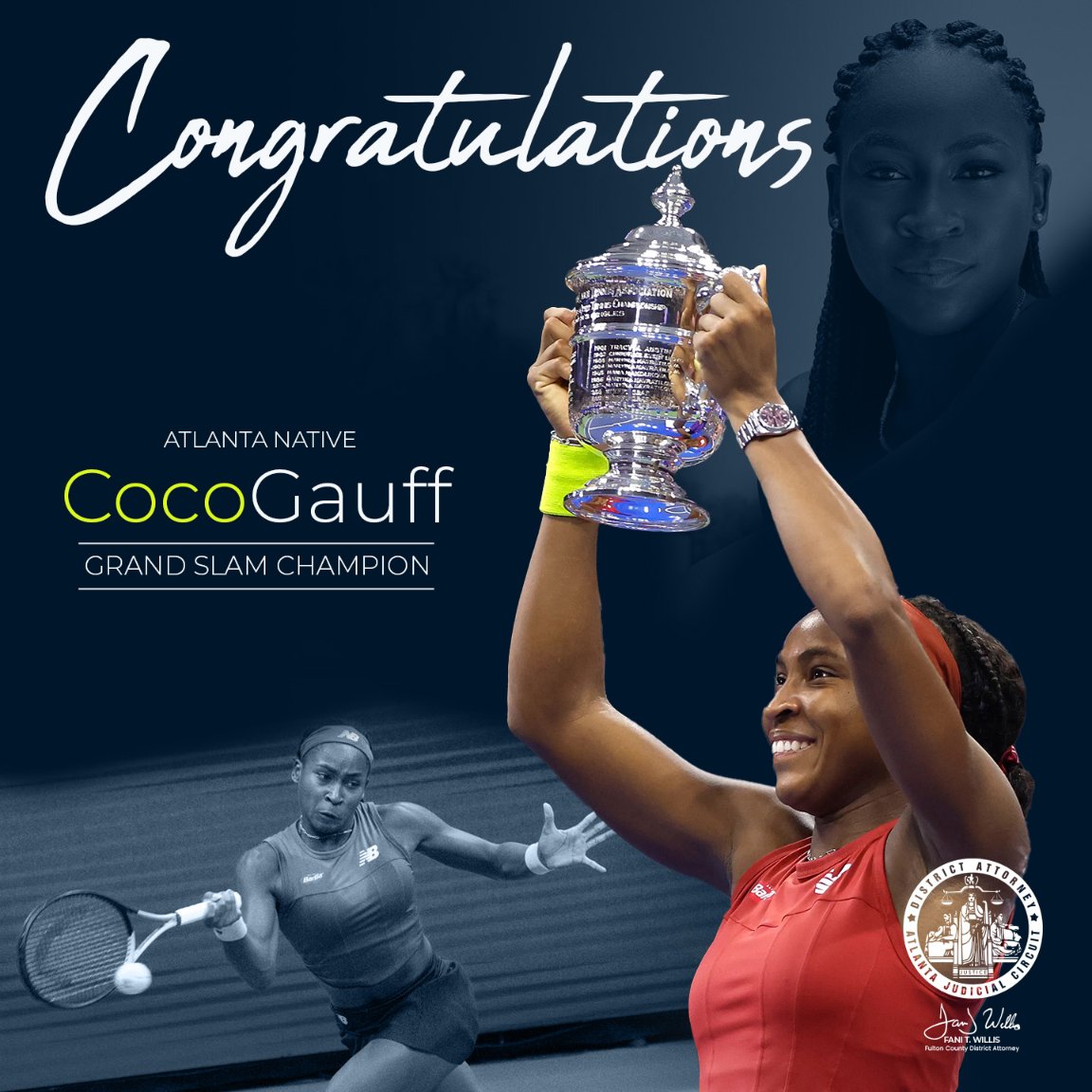 FultonCountyDA's tweet photo. Join us in celebrating the incredible achievement of Atlanta's very own Coco Gauff! At just 19 years old, she has secured her place in history by winning the U.S. Open and her first Grand Slam title Saturday. https://t.co/dxWU6NggQ5