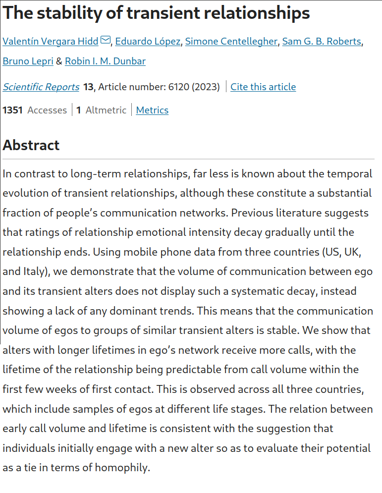 Nitnelav's tweet photo. 2/5 Some social relationships only last a short time, but how do communication patterns in these relationships change over their lifetime. In this new @SciReports paper we examined these 'transient alters' using mobile data from UK, US and Italy https://t.co/ASzIMPKFae