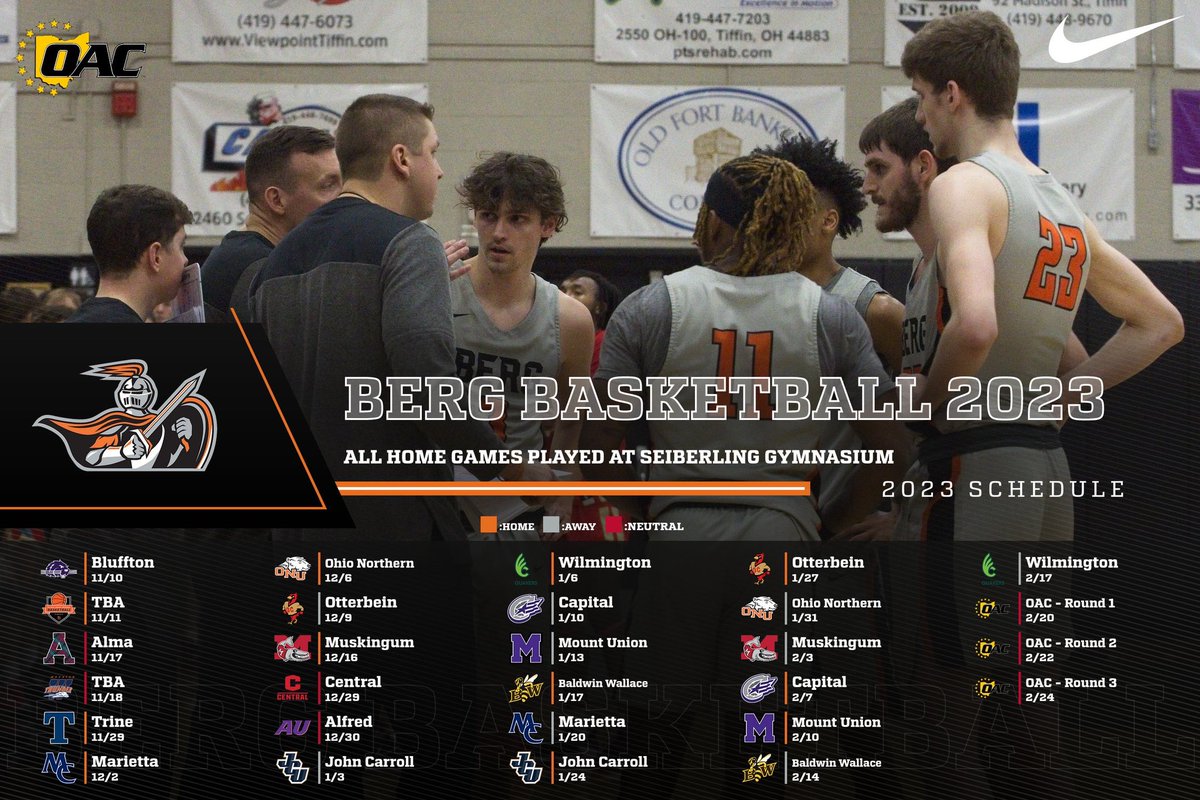 The season is approaching!! Here is the schedule for your 2023-2024 Heidelberg Men’s Basketball team!! 
#BergGang⚔️🏀