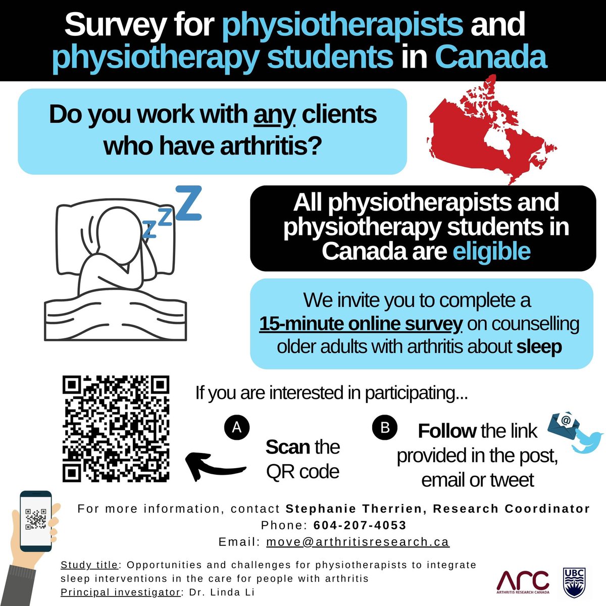 🇨🇦 Calling all physios and physio students in Canada! 📢 We want to hear about your experience counselling patients with arthritis on sleep. Help us improve patient care! If interested, click this link: flex.redcap.ubc.ca/surveys/?s=JF4… 🛌💪 #ArthritisStudy #Physiotherapy #Research