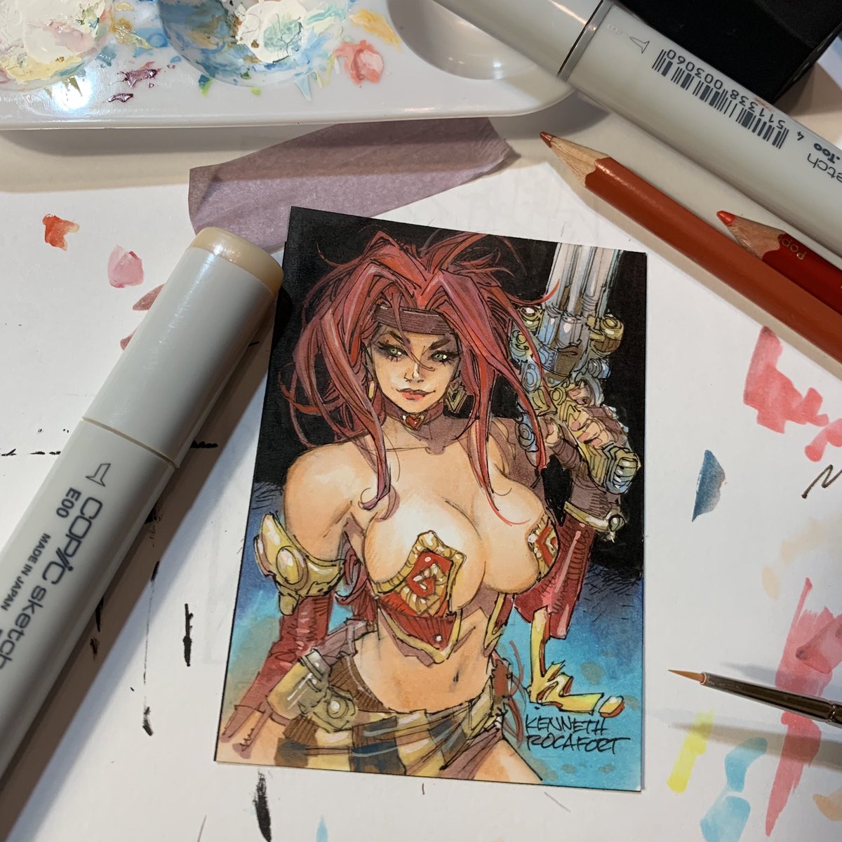 Red Monika ✍️ sketch card 2.5” x 3.5”  @JoeMadx #redmonika #battlechasers #sketchcard